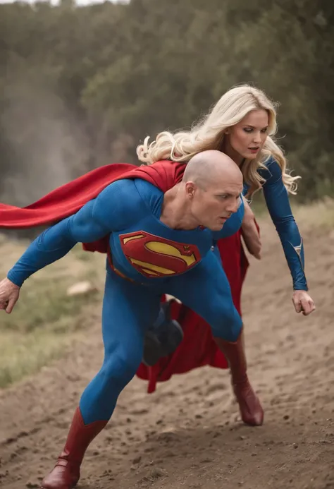 "epic battle scene with Superman and Supergirl unleashing their powers"