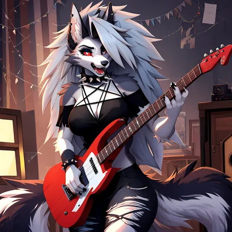 masterpiece, best quality, Loona, hellhound, spiked collar, wearing a pentagram goth punk rock shirt with cut up jeans, playing a guitar while singing in her room, large breast, detailed face, detailed eyes,