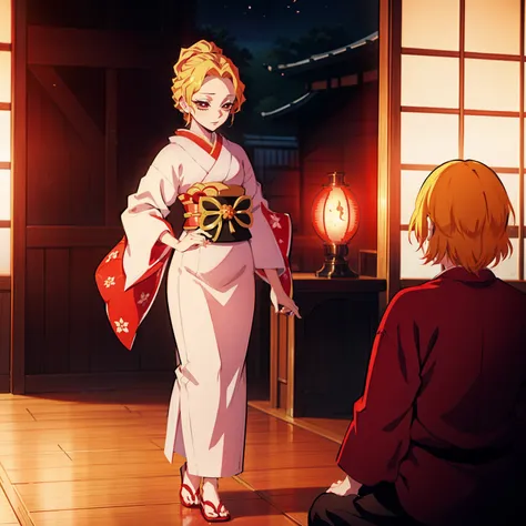 "Kimetsu no Yaiba style, portrays a single geisha girl in a splendid kimono, radiating beauty and elegance with beautiful blonde and red hair, capturing the essence of a graceful, self-effacing courtesan confident, passionate, flashy and full of energy."