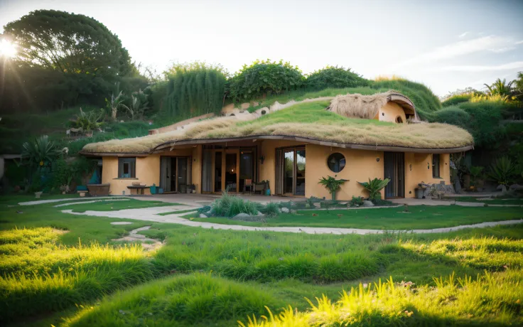 A imposing symetric contemporary modern hobbit house with a organic curved walls in tropical garden, plaster (((rustic mud stucco))) and a (((wave shape greenroof with a wood edge))), (((wood and rake fascia roof))), eaves, porch, ((timber frame roof)), in...