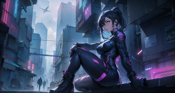 With the scenery of a cyberpunk city lined with skyscrapers、Her presence is enchanting,、Wrapped in mysterious magic