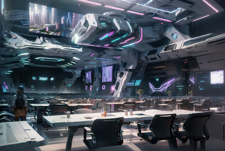 spaceship themed restaurant with tables and chairs and a large screen, futuristic setting, 8 k high detail concept art, inside a futuristic army base, futuristic government chambers, background cyberpunk spaceship, futuristic space ship interrior, sci - fi...