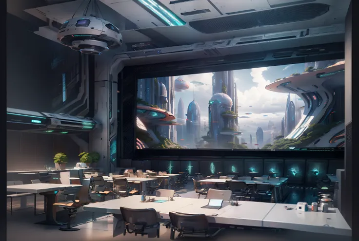 there is a large screen in the middle of a room with tables and chairs, futuristic setting, scifi setting, sci fi setting, sci - fi setting, sci-fi setting, 8 k high detail concept art, sci - fi environment, futuristic environment, concept art 8 k, concept...