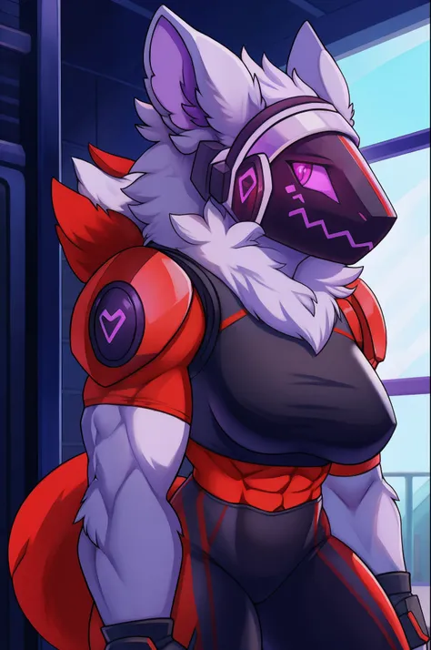 muscular female protogen wearing gym clothing, has white fur, has red mechnical parts, has purple eyes