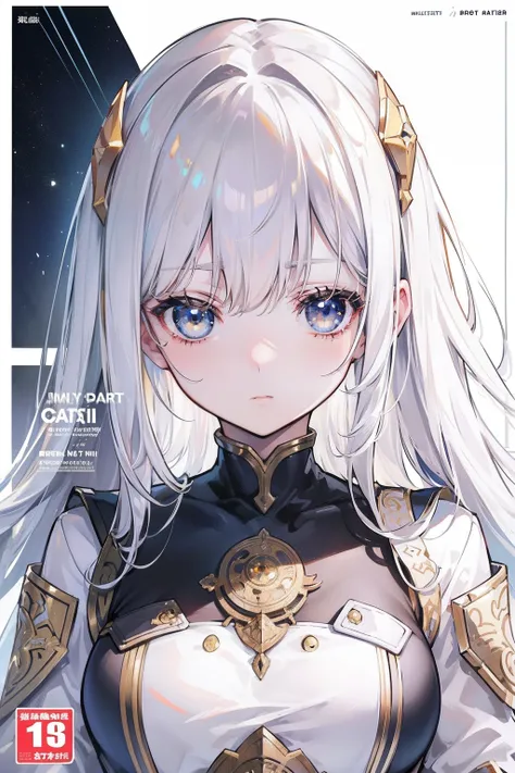 (masuter piece,Best Quality,Ultra-detailed), (A detailed face), Movie Posters, hight resolution, 1girl in, (front-facing view), (cyberpunked), (Lucy), Golden white hair, (golden-white hair with bangs,), (PlayLong hair), Two-tone hair, Gold Eye, white  clot...