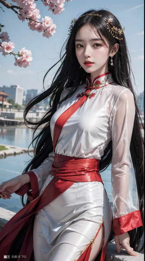 32K（tmasterpiece，k hd，hyper HD，32K）Long flowing black hair，ponds，zydink， a color，  Xuzhou people （Seduce girls）， （Red scarf in the snow）， Combat posture， looking at the ground， long whitr hair， Floating hair， Carp pattern headdress， Chinese long-sleeved si...