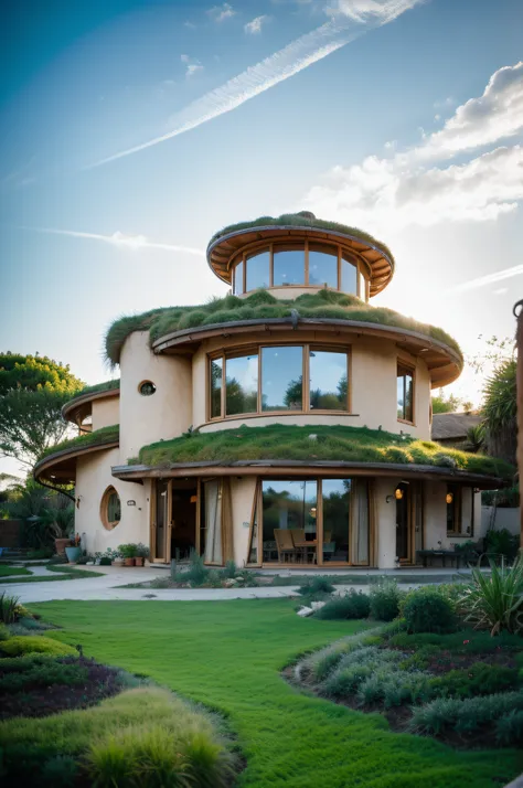 a imposing symetric contemporary modern hobbit house with a organic curved walls in tropical garden, plaster (((rustic mud stucc...