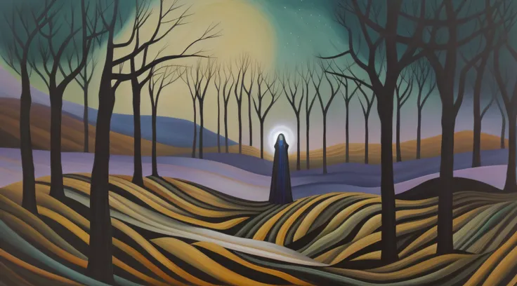 painting of a man standing in a forest with a light in the middle, surrealist landscape painting, inspired by Amanda Sage, by Amanda Sage, surrealist landscape, painting of a dreamscape, inspired by Bridget Bate Tichenor, ray swanland, by George Morrison, ...