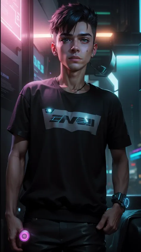 Change background cyberpunk handsome boy, realistic face, 8k, ultra realistic, neon, cute little boy, face real,