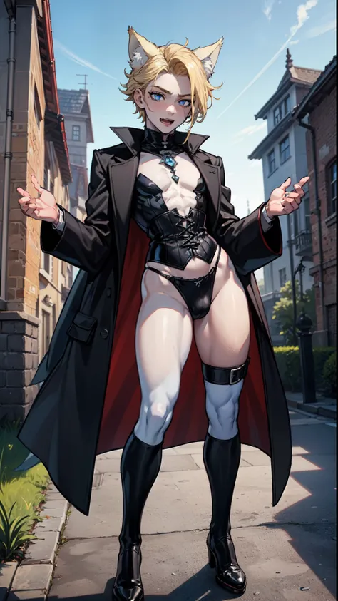 ((((((1boy)))))), fluffy blonde hair, ((big sharp wolf ears)), wolf tail, slim figure, ((pale skin)), sky blue eyes, joyful, big thighs, fangs, slim waist, lean figure, skin pale, youthful appearance, (((bulge))), black thigh socks, black coat, twink, full...