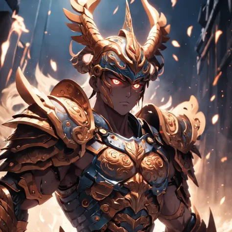 "Envision a formidable and majestic 3D humanoid Ares warrior adorned in intricate armor, exuding power and dominance."