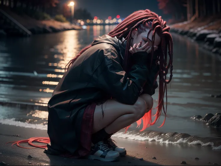 the night.dark .beside a river.1girll.red tinted hair.dreads.8k wallpaper.A half body.kneels on the ground.clothes wet.Cover your face with your hands.tmasterpiece.