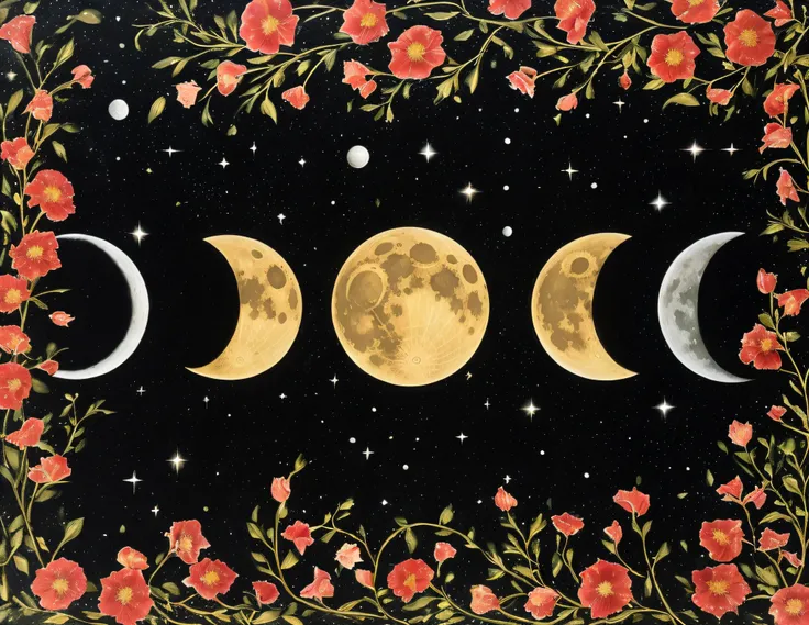 A close-up of a three-phase painting of the moon, lunar cycles, Moon phases, lunar backdrop, the moon in the background, multiple moons, moons, lunar time, Multiple satellites glow, traditional moon, The Moon orbits other moons, celestial red flowers vibe,...