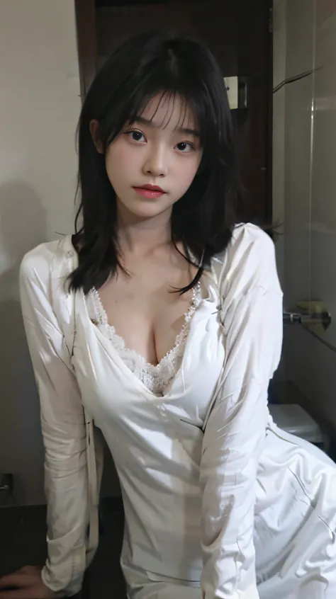 best qualtiy，tmasterpiece，超高分辨率，（realisticlying：1.4），1girll，In the bathroom，Raised sexy，（The shirt：1.2），（brassier：1.2），（big cleavage breasts：1.3），（The upper part of the body：1.4），Wearing white lace，