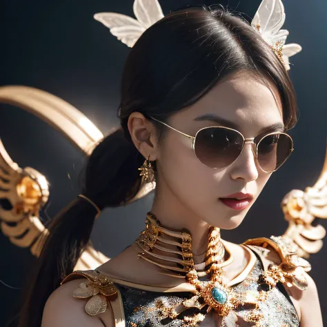 Wear thick gold-framed sunglasses，32K（tmasterpiece，k hd，hyper HD，32K）Burgundy double ponytail，Silver Skull Abandoned Area of the Pond，Indigo Skull King ，Hold the big G steering wheel （The skeleton is realistic：1.4），Skull pattern robe，Silver skull flower or...