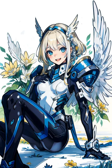 (​master piece, Best Quality),  Intricate details, valkyrie, kawaii, Happy, (((Laugh))), Villainous smile, Looking at Viewer, Feather Headgear, Flower meadow, Sitting, flat breast, 22year old,
1 girl in, Solo, Portrait, Tentacle Plutinum Blonde Hair, droop...