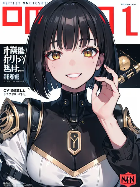 (masuter piece,Best Quality,Ultra-detailed), (A detailed face), Movie Posters, hight resolution, 1girl in, (cyberpunked), A dark-haired, (black hair with  bangs,), (bob cuts), Two-tone hair, Gold Eye, (Irreverent smile:1.3), Black combat uniform, The upper...