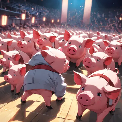 Draw 8 cartoon pigs，3D style，adolable