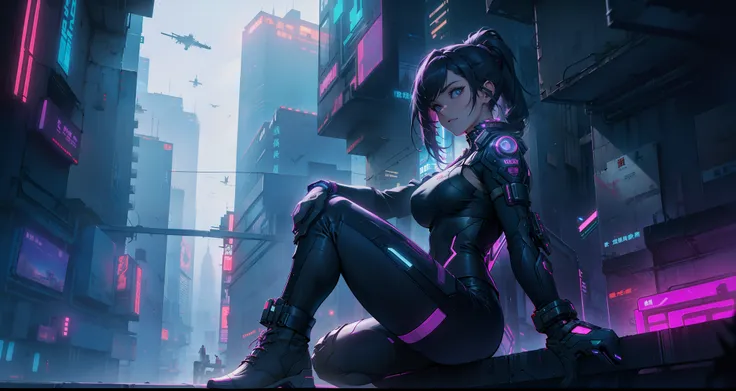 With the scenery of a cyberpunk city lined with skyscrapers、Her presence is enchanting,、Wrapped in mysterious magic。