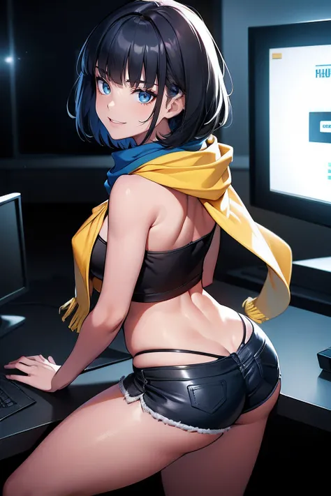 1girl, (rotated, ass focus) , (thin build), dark blue strapless top, midriff, navel, dark blue Short shorts, black clothes, short hair, blunt bangs, dark blue eyes, (yellow scarf:1.3), black boots, bare legs, evil smile, multiple screens on background, vid...