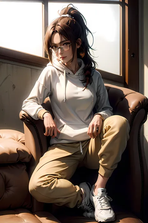 hange from the anime shingeki no kyojin, wearing glasses, shoulder length hair, brown hair, ponytail, beautiful woman, beautiful...