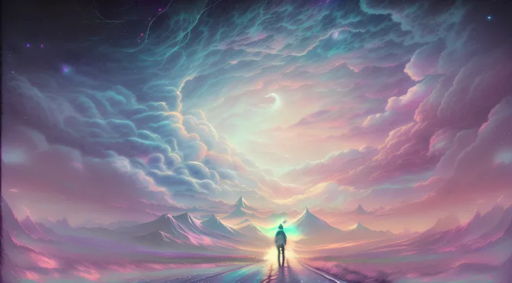 painting of a person standing on a road with a star in the sky, blurred and dreamy illustration, looking out into the cosmos, dreamlike digital painting, painting of a dreamscape, astral ethereal, colorful flat surreal ethereal, dreamy art, in the astral p...