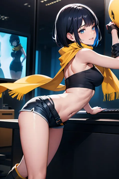 1girl, rotated, ass focus, (thin build), dark blue strapless top, midriff, navel, dark blue Short shorts, black clothes, short hair, blunt bangs, dark blue eyes, (yellow plush scarf:1.3), black boots, bare legs, evil smile, multiple screens on background, ...