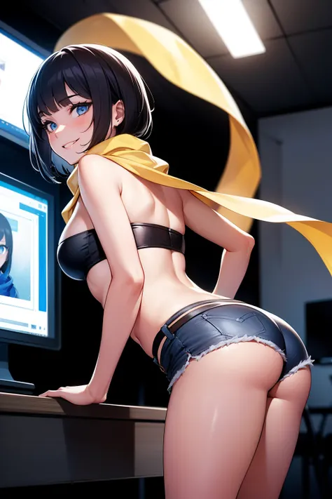 1girl, (rotated, ass focus) , (thin build), dark blue strapless top, midriff, navel, dark blue Short shorts, black clothes, short hair, blunt bangs, dark blue eyes, (yellow scarf:1.3), black boots, bare legs, evil smile, multiple screens on background, vid...