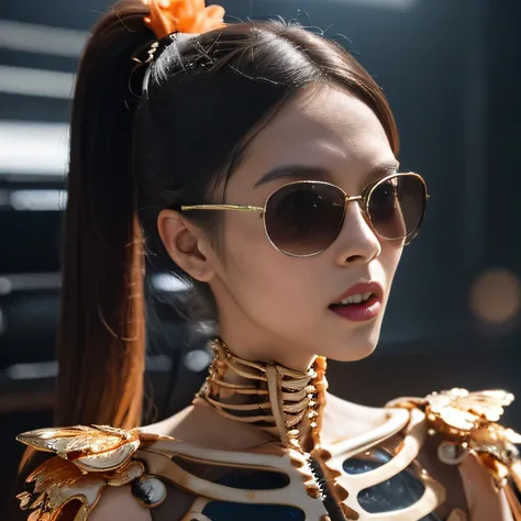 Wear thick gold-framed sunglasses，32K（tmasterpiece，k hd，hyper HD，32K）Bright orange double ponytail hair，Silver Skull Abandoned Area of the Pond，Indigo Skull King ，Hold the big G steering wheel （The skeleton is realistic：1.4），Skull pattern robe，Silver skull...