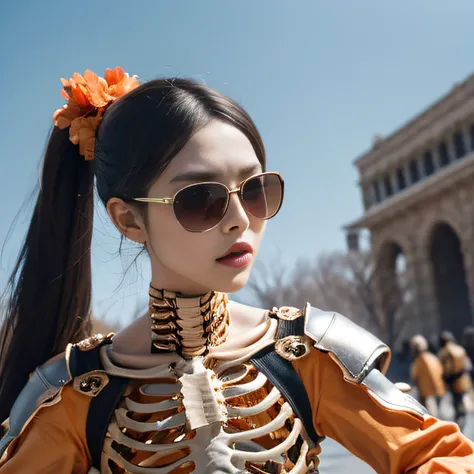 Wear thick gold-framed sunglasses，32K（tmasterpiece，k hd，hyper HD，32K）Bright orange double ponytail hair，Silver Skull Abandoned Area of the Pond，Indigo Skull King ，Hold the big G steering wheel （The skeleton is realistic：1.4），Skull pattern robe，Silver skull...