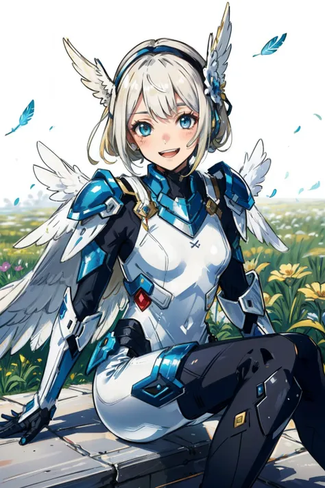 (​master piece, Best Quality),  Intricate details, valkyrie, kawaii, Happy, (((Laugh))), Villainous smile, Looking at Viewer, Feather Headgear, Flower meadow, Sitting, flat breast, 22year old,
1 girl in, Solo, Portrait, Plutinum Blonde Hair, droopy eyes, S...