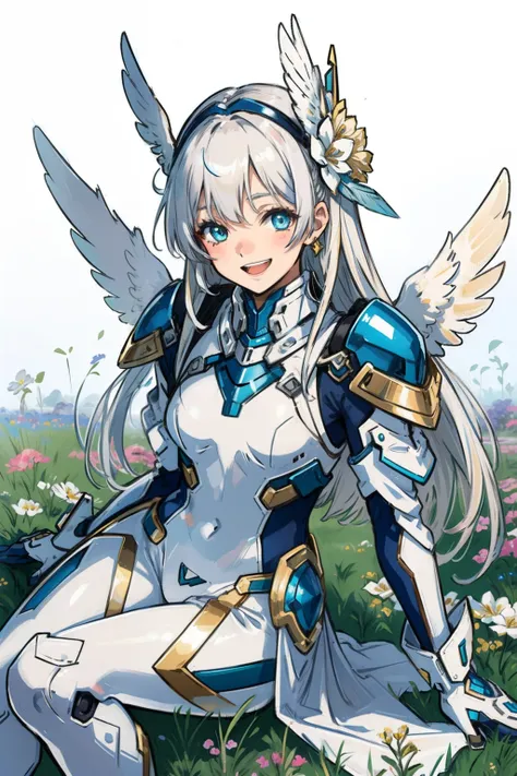 (​master piece, Best Quality),  Intricate details, valkyrie, kawaii, Happy smile, (((Laugh))), Looking at Viewer, Feather Headgear, Flower meadow, Sitting, flat breast, 22year old,
1 girl in, Solo, Portrait, long Plutinum Blonde Hair, droopy eyes, Silver S...