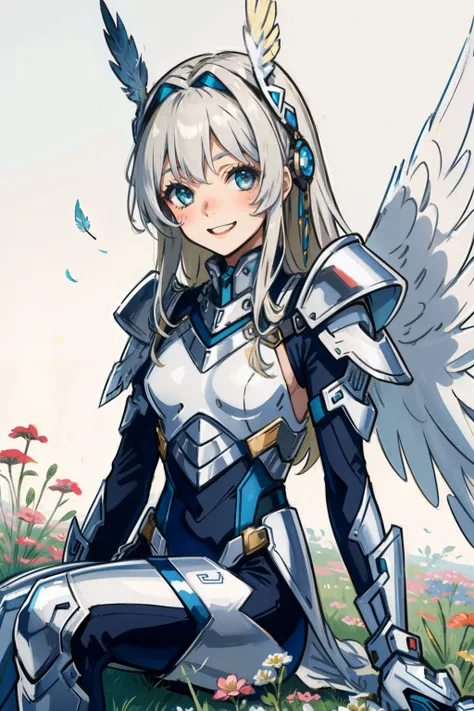 (​master piece, Best Quality),  Intricate details, valkyrie, kawaii, Happy smile, (((Laugh))), Looking at Viewer, Feather Headgear, Flower meadow, Sitting, flat breast, 22year old,
1 girl in, Solo, Portrait, long Plutinum Blonde Hair, droopy eyes, Silver S...