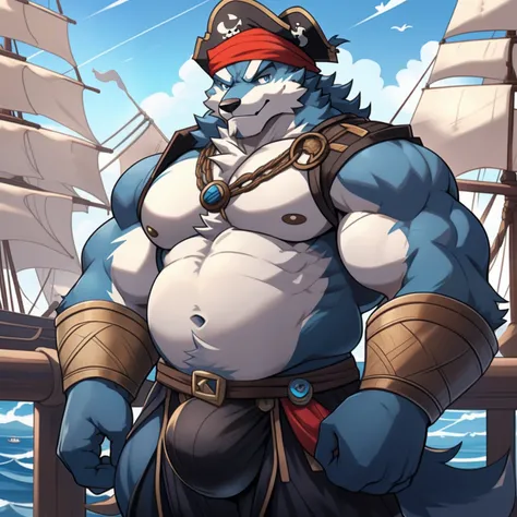 Solo, Male, Gray Wolf Pirates,Sailors turban，cheeky face, Wide face, Broad shoulders, Muscular, buff, Strong, Tall, Huge , Gigantic, large biceps, Huge pectoral muscles, Generals belly, blue colored eyes，Gray-blue hair，Determined gaze，detailed crotch, mass...