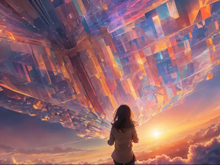 A girl flying through the sky is captivated by the sprawling sunset landscape below. Through a giant crystalline structure suspended in the air, she gazes at the rainbow-hued light. Her figure appears distorted by the fisheye lens effect, yet this only add...