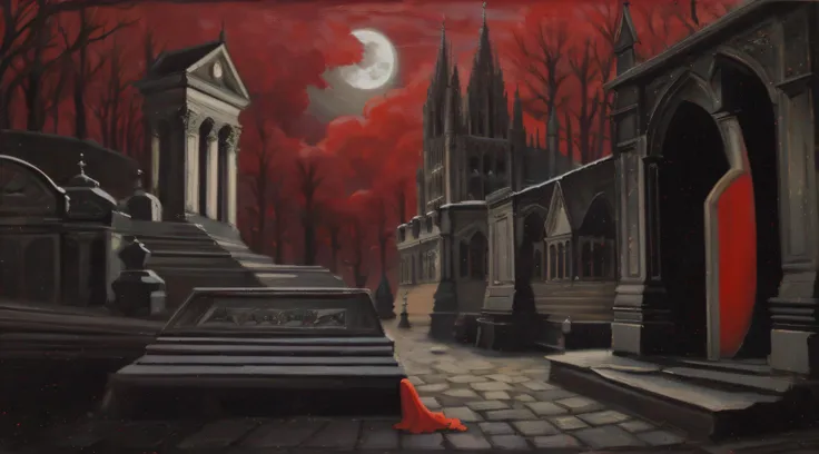 painting of a red dress in a cemetery with a full moon, detailed 3d gothic oil painting, by adrienn henczné deák, gothic paintin...