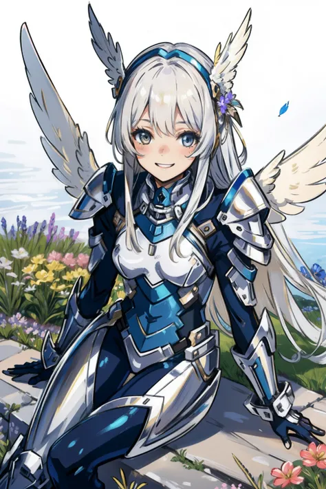 (​master piece, Best Quality),  Intricate details, valkyrie, kawaii, Happy smile, (((Laugh))), Looking at Viewer, Feather Headgear, Flower meadow, Sitting, flat breast, 22year old,
1 girl in, Solo, Portrait, long Plutinum Blonde Hair, droopy eyes, Silver S...