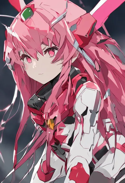 Outstanding image quality，2D Beautiful Girl，A scene from the《darling in the franxx》，A pink-haired，green pupills，There is a pair of red horns on the head，Red Eyeshadow，Red tight combat suit，There are white stripes on the combat uniform，perfect bodies