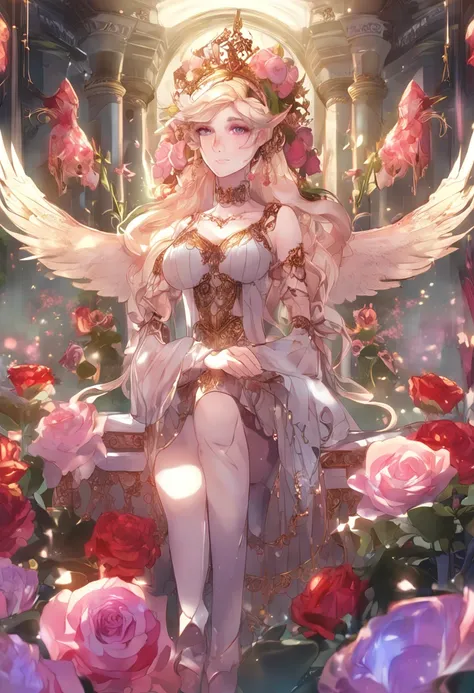 mature_female, YorForger, jewelry, looking at the viewer, hollow, abyss, church, catholic, angel,fairy,universe, glitter, holo, mary, glint, gradient, overlay, shadow, grand, flowers, sparkle flowers, golden hair, (wings), full body, midriff, shirt, red ey...