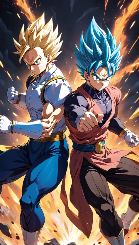 "epic battle scene: Vegeta vs Zeno, dynamic poses, intense energy, explosive power, dramatic lighting, high impact, high resolution, detailed character design"