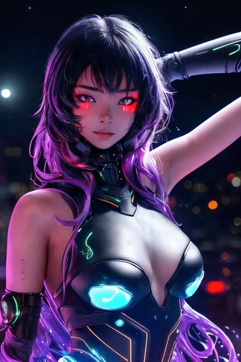 photo, high quality, (close-up shot of 1girl), to8contrast style,mechanical arms, cyborg, slime colored skin, liquid slime skin, arms up, face mask, slime girl, red eyes,(((alone in the darkness, night tokyo background, unlit, hard shadows, deep contrast))...