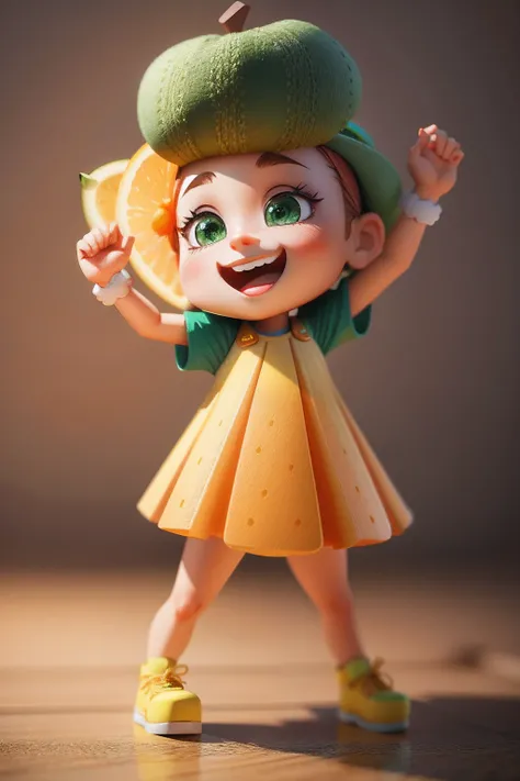 There is a figurine of a girl wearing a green hat and a patch of orange, cute 3 d render, lovely digital painting, fairy fruit. rendering by octane, render of a cute 3d anime girl, Cute cartoon character, 3 d render stylized, 3d character, 3 d character, C...