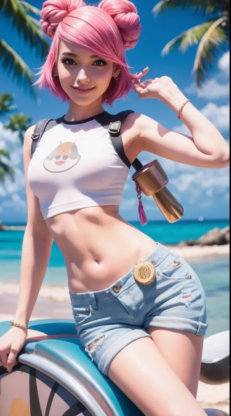 A young woman with vibrant pink hair, striking a graceful and feminine pose is on a tropical island, happy, closed lip smile, petite, hourglass figure, wearing a cropped white shirt and booty short jeans.