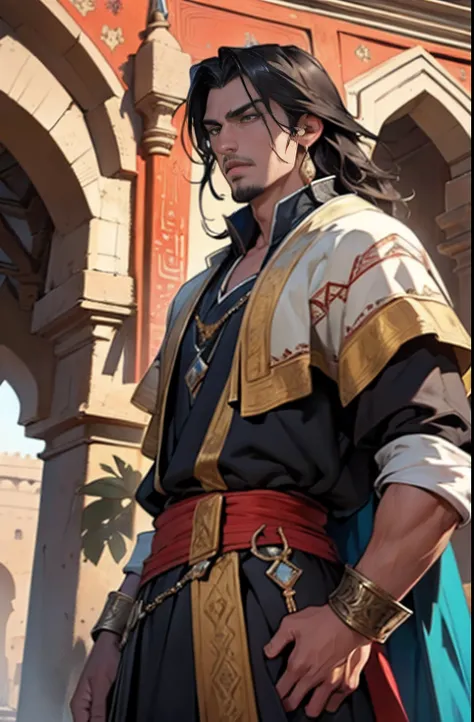 Castlevania Shadow Lord hyper realistic super detailed Dynamic shot masterpiece super detailed Moroccan characters Wear traditional Moroccan clothing in an architecture Moroccan medieval environment super detailed hyper realistic extremely detailed