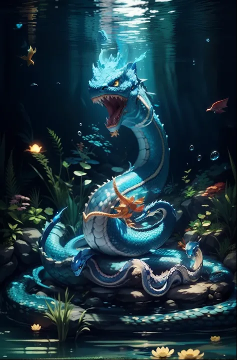 Blue otter sitting on underwater rocks.., , Serpent-Tirr, snake, serpentine water monster, blue dragon, Blue Desinn, cyan chinese dragon fantasy, dmt god, Mythical Creatures, blue scaled dragon, water dragon, Sea Naga, The snake has very mysterious wings.....