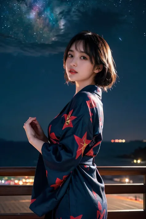 1girl kaki_haruka, (Best quality, 8k, 32k, Masterpiece, UHD:1.2),wearing yukata, (Best quality, 8k, 32k,Masterpiece, UHD:1.2), (stars in the sky:1.6), soft backlighting,