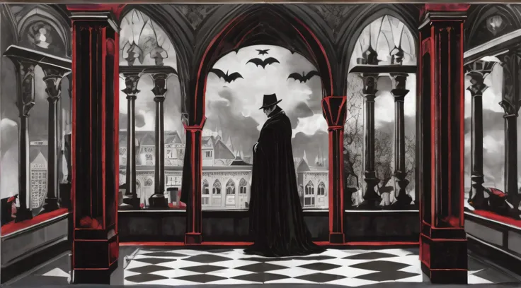 arafed image of a gothic gothic castle with a black and white floor, gothic atmosphere, count dracula, dark robed, gothic background, cloaked dark night, vampre the masquerade, he is traversing a shadowy city, mysterious man, inspired by Edward Wadsworth, ...