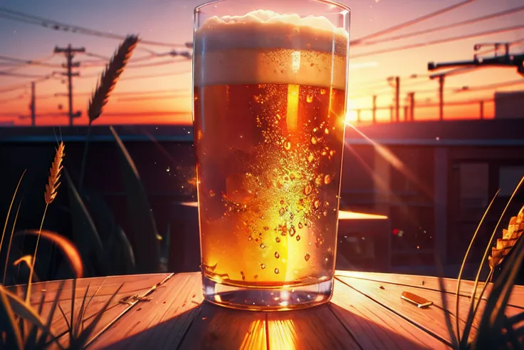 slumped glass style, sunset, wheat, beer,  absurd resolution, smooth and flawless skin, intricate surface detail, design a visually captivating image, holographic rendering, chromatic aberration, neon light effect,