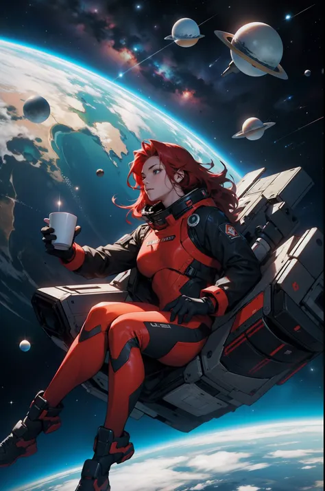 A red-haired beauty in a black spacesuit is floating in outer space drinking a cup of coffee　several floating planets　Atalho de cabelo vermelho　multiple spaceships floating