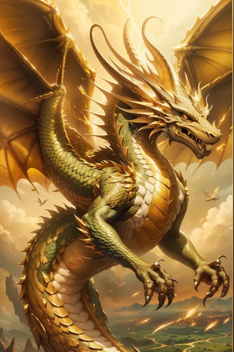 dragon covered in gold-plated scales that flies at speeds that cut through the wind. Her body is colored with golden radiance and she flies with thunder and roar. They fly around forever and are the absolute rulers of this world., delicate illustrations, H...